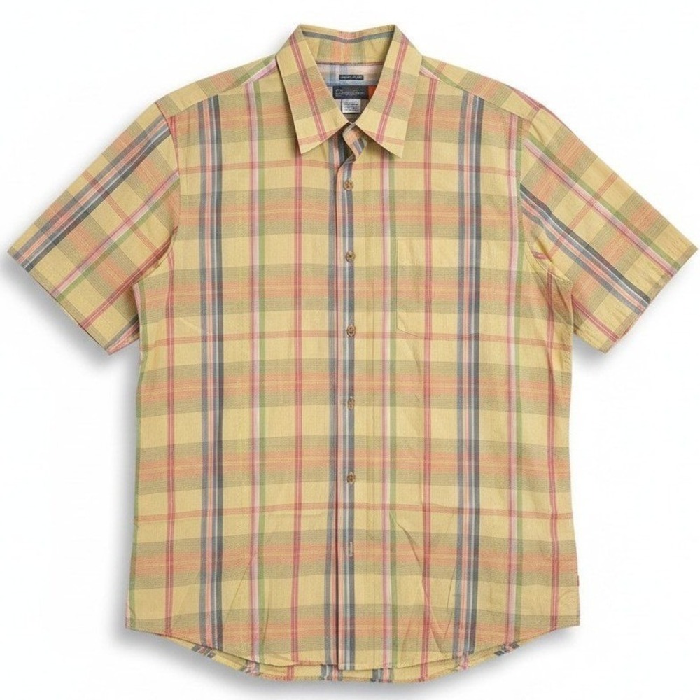 Quiksilver Yellow Plaid Short Sleeve Button Up,‎ Regular Fit Shirt, Men's Large